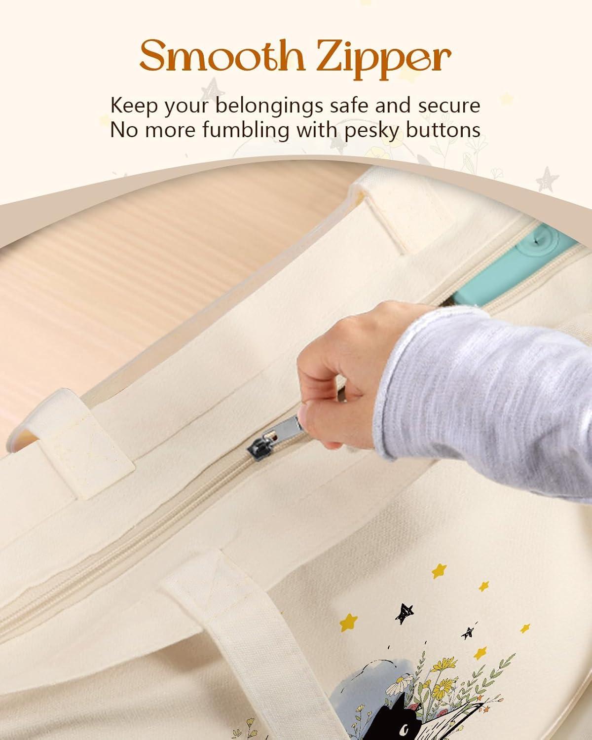 Canvas Tote Bag for Women – Aesthetic Canvas Bag with Zipper Cute Stylish Reusable Shoulder Totes for Shopping Work Daily Vacation, Cat Read - Image 4