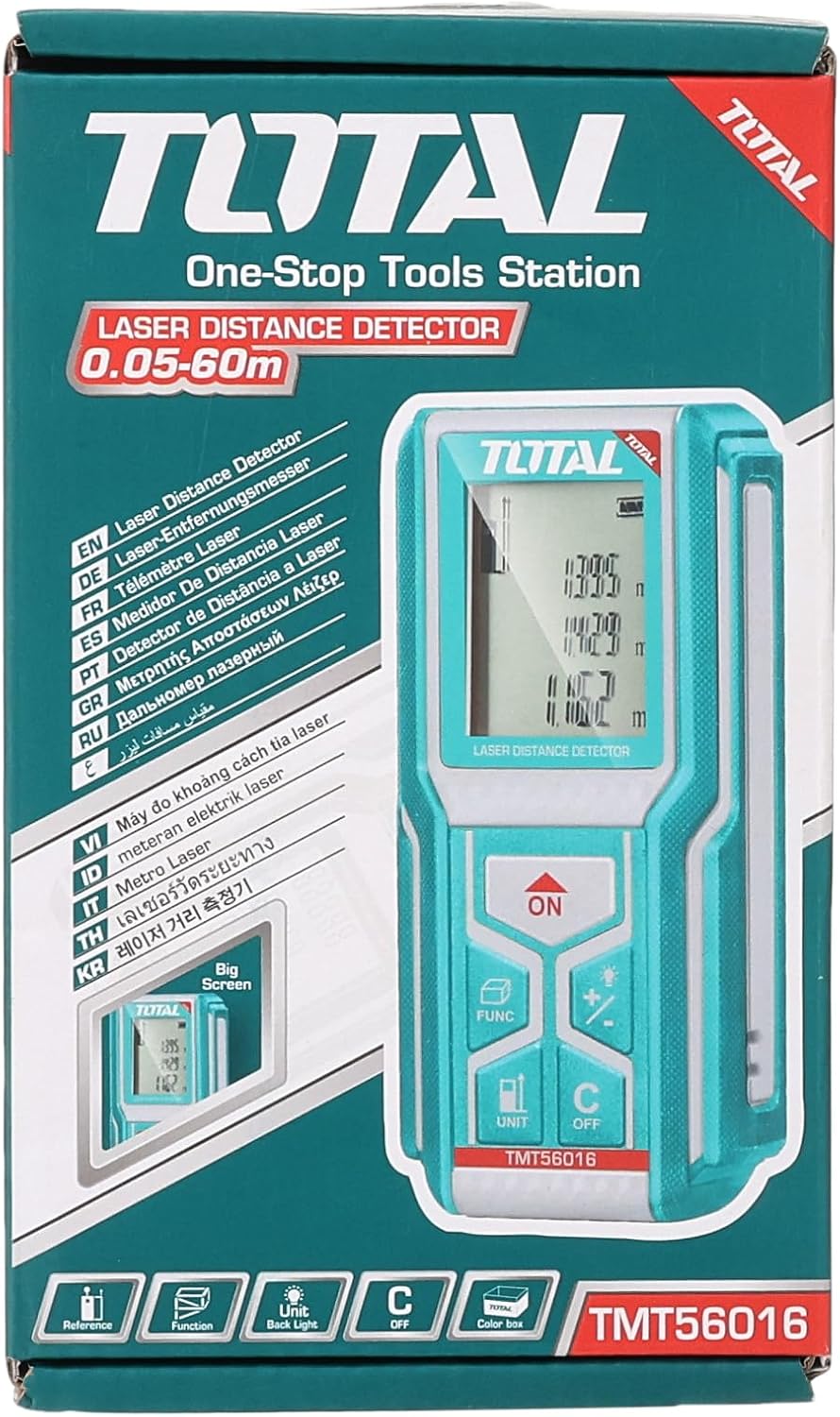 Davant view of TOTAL Laser Distance Detector TMT56016 with labeled buttons and screen