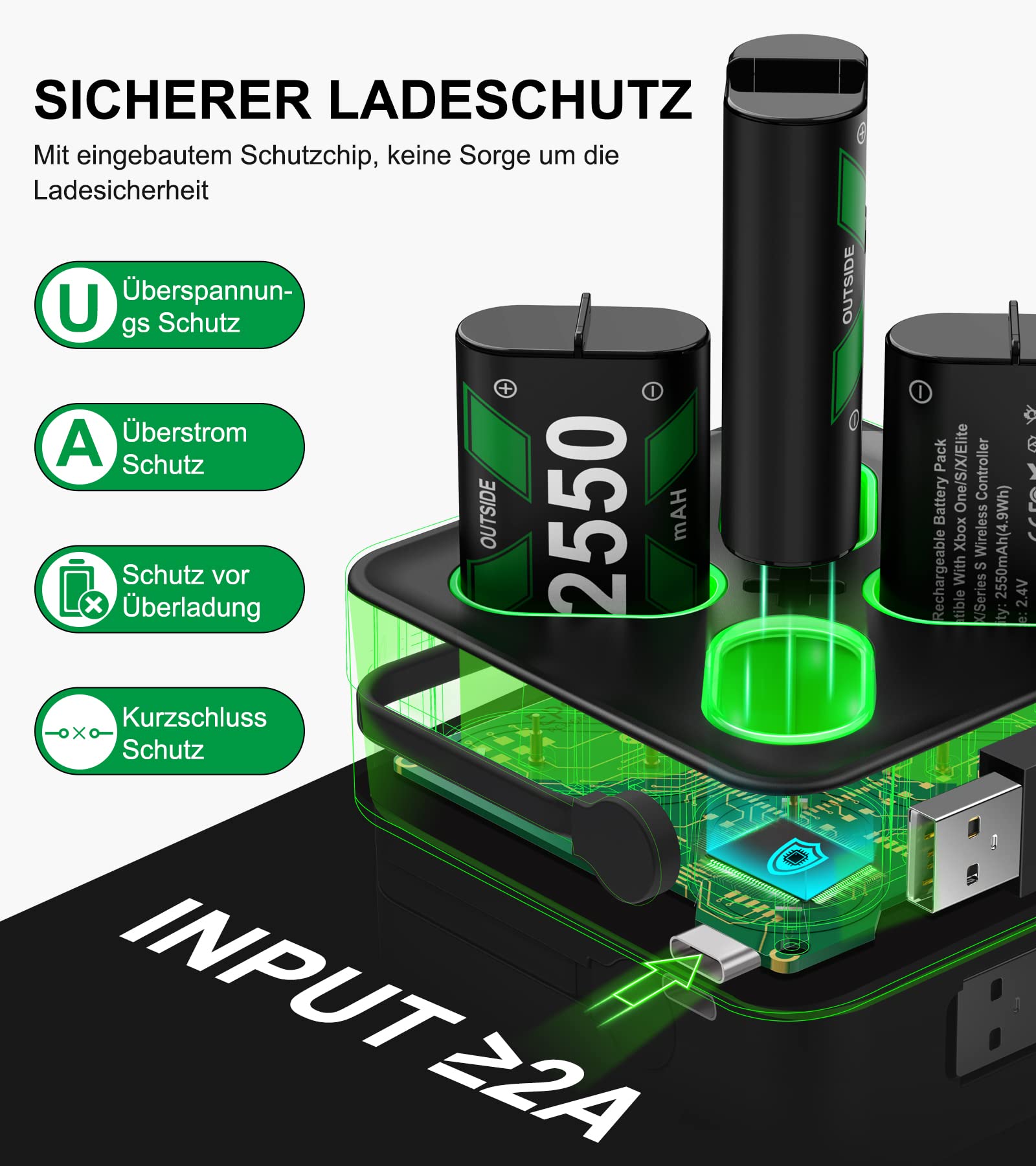 Akku für Xbox One/Series X&S Controller, 4 Stück 2550mAh Akku (2x6120mWh) Hoher Kapazität Batterien, NI-MH Akku Kompatibel mit Xbox Series X&S/Xbox One S/Xbox One X/Xbox One Elite/Xbox One Controller