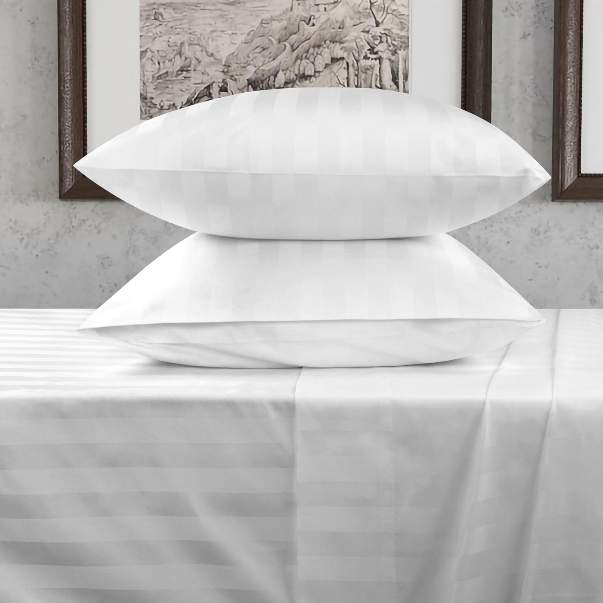 URBANHUT 800 Thread Count 100% Cotton Damask Twin Size Sheets, 4 Piece Striped Twin Size Bedsheets, Luxury Hotel Sheets Sateen Weave - Better Than Egyptian, 14" Elasticized Deep Pocket- White
