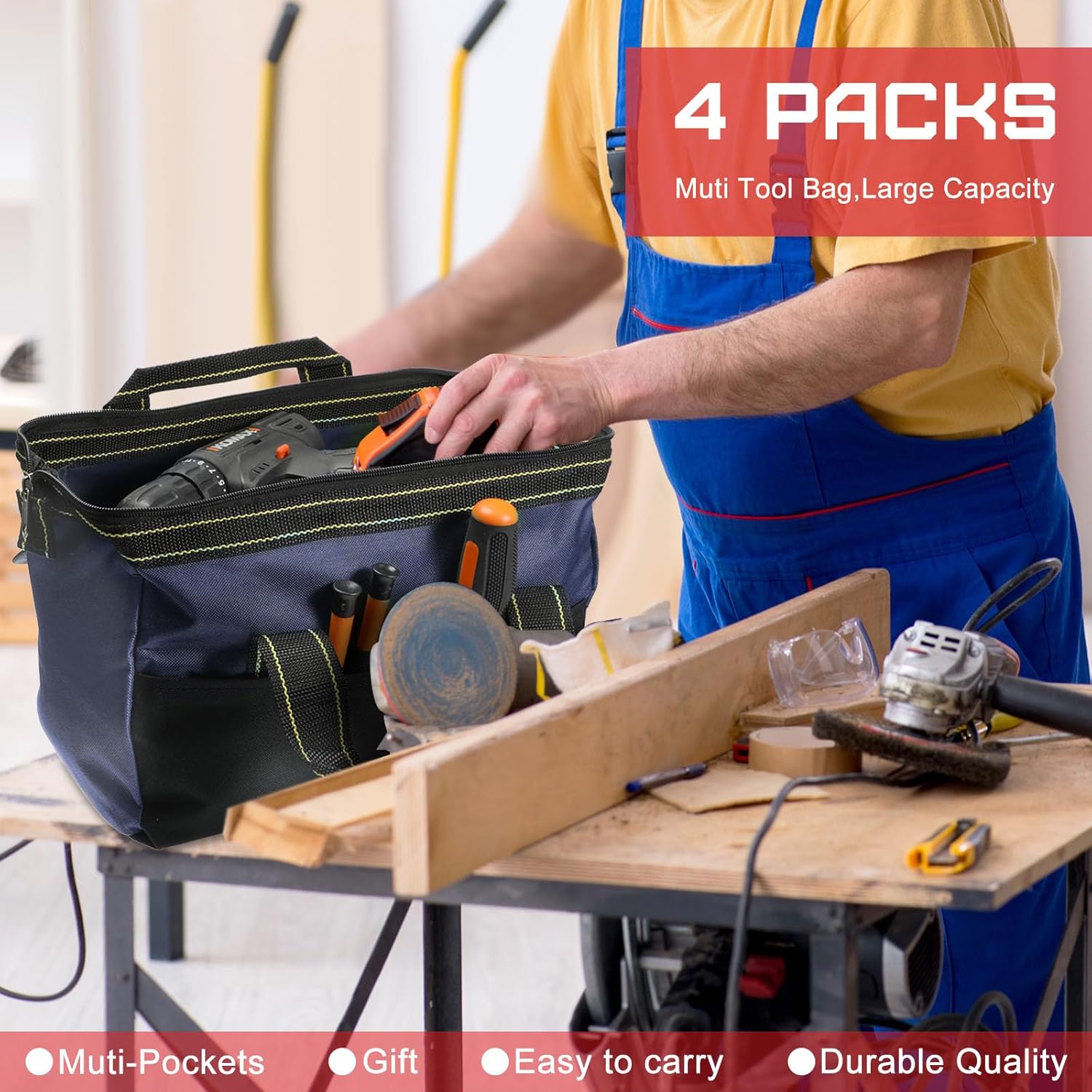 4 Pieces Tool Bag with Waterproof Strong Molded Base Multi Pockets Wide Mouth Tool Tote Multifunctional Tool Bag Large Capacity Organizer Heavy Duty Tool Storage Bag (Multicolor,16 Inch)