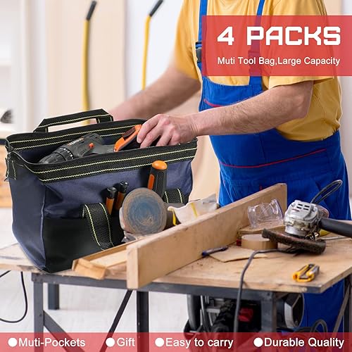 Miniatura 10 de Bolsa de herramientas de 4 piezas con base moldeada resistente al agua, múltiples bolsillos, bolsa de herramientas de boca ancha, organizador de