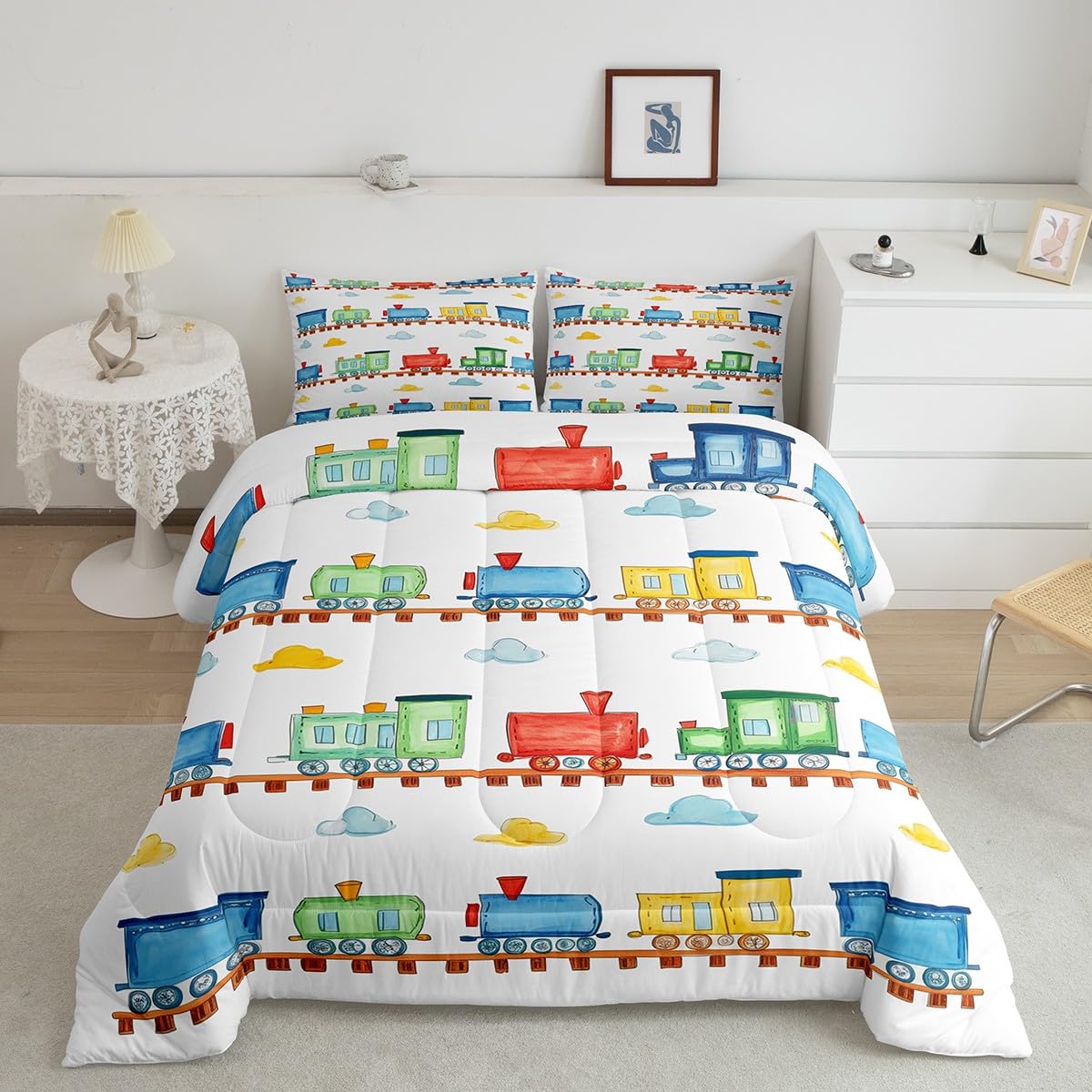 Set di biancheria da letto per bambini con treno a vapore, set di biancheria da letto per ragazzi e ragazze, decorazione per la camera dei bambini, per trasporto ferroviario, piumino con inserto blu e