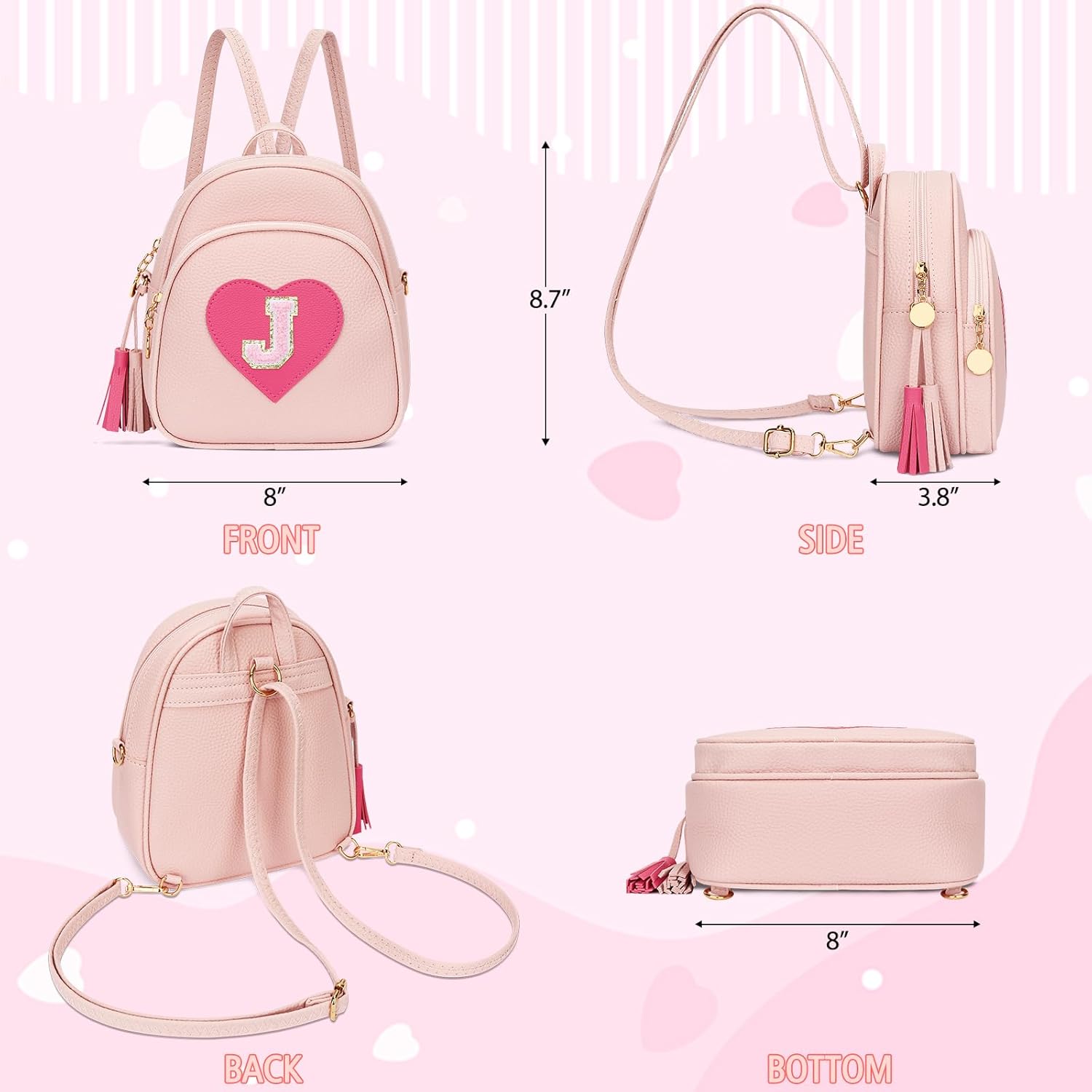 Girls Initial Mini Backpack Gifts for Kid Toddler Little Girl Teen Small Cute Heart Backpack Purse Preschool Kindergarten Bookbag,Pink-J - Image 7
