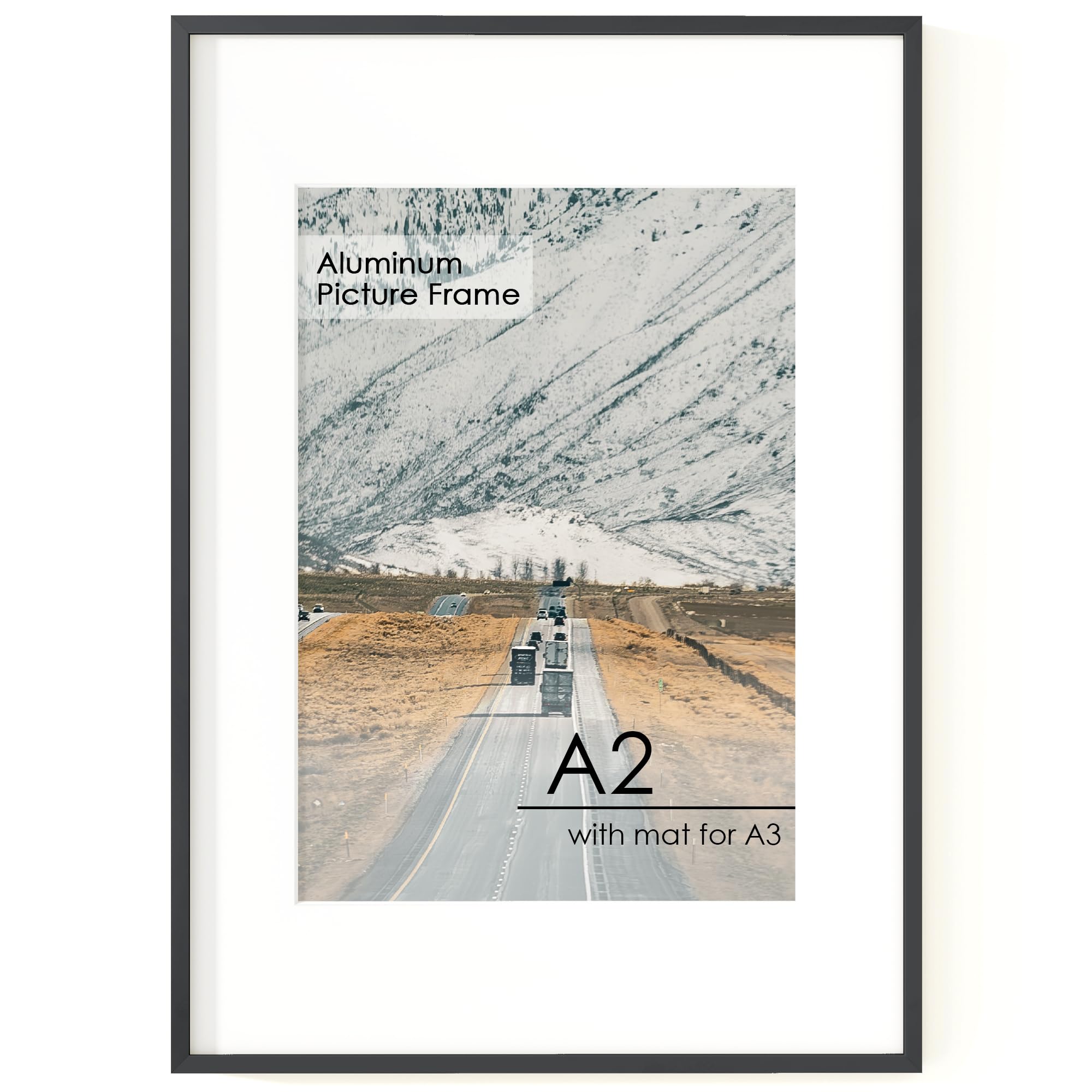 FLYJOE A2 Picture Frame Black - High-End Metal Frame Aluminum Frame for Wall, Photo Frame with Mat for A3, Poster Frame, Certificate Frame with Tempered Glass, Wall Kit, Black