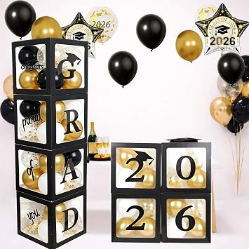 Grad Balloon Boxes for Balloon Arch Kit Black Gold Graduation Decorations 2026 Party Decor- 4Pcs Black Balloon Boxes with Letters & Balloons for Class of 2026 Photo Backdrop Props