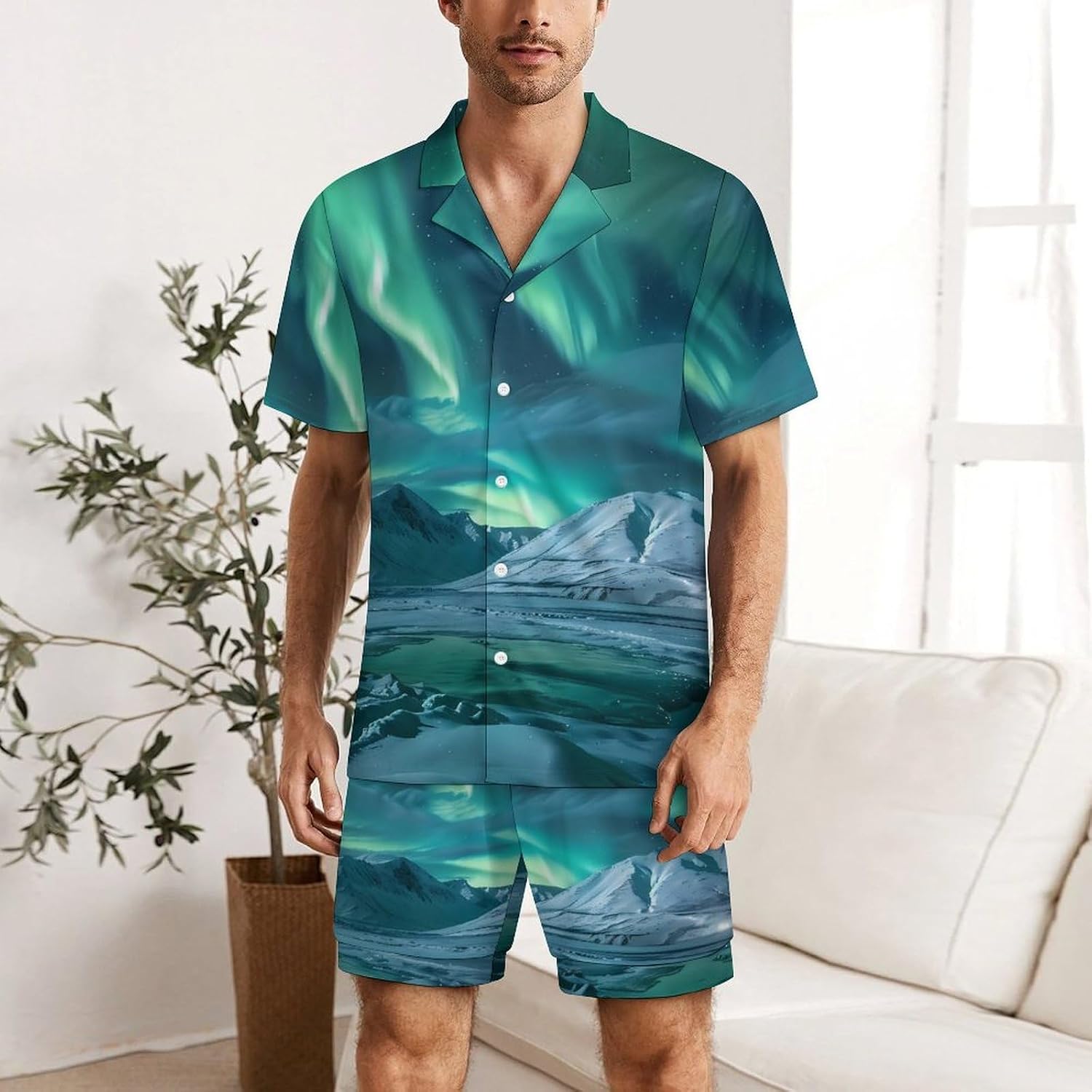 Northern Lights Men's Short Sleeve Pajama Set Satin Silk Like Lounge Sleepwear