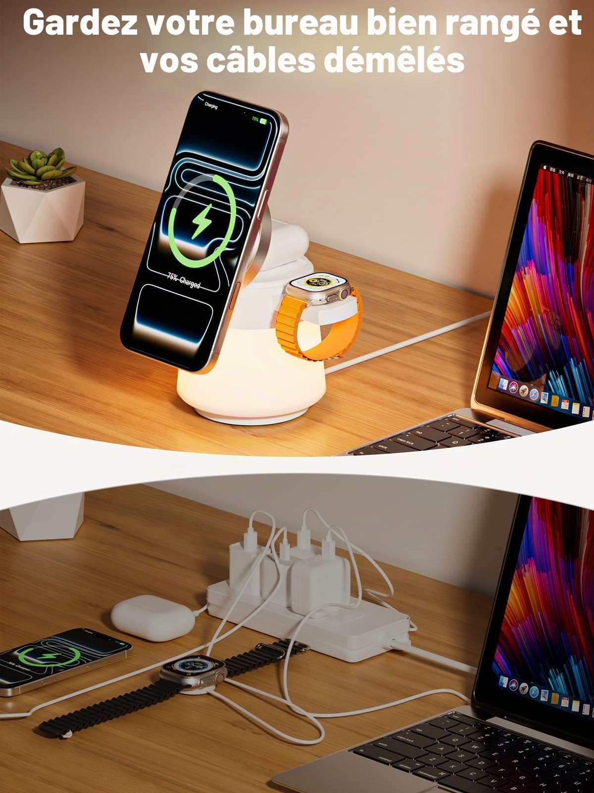COLSUR Chargeur Induction pour iphone 17, 4 en 1 Station de Charge pour Apple Compatible pour Apple Watch and Air-Pods Chargeurs à Induction pour Téléphones Portables Veilleuse Cadeau Homme Femme