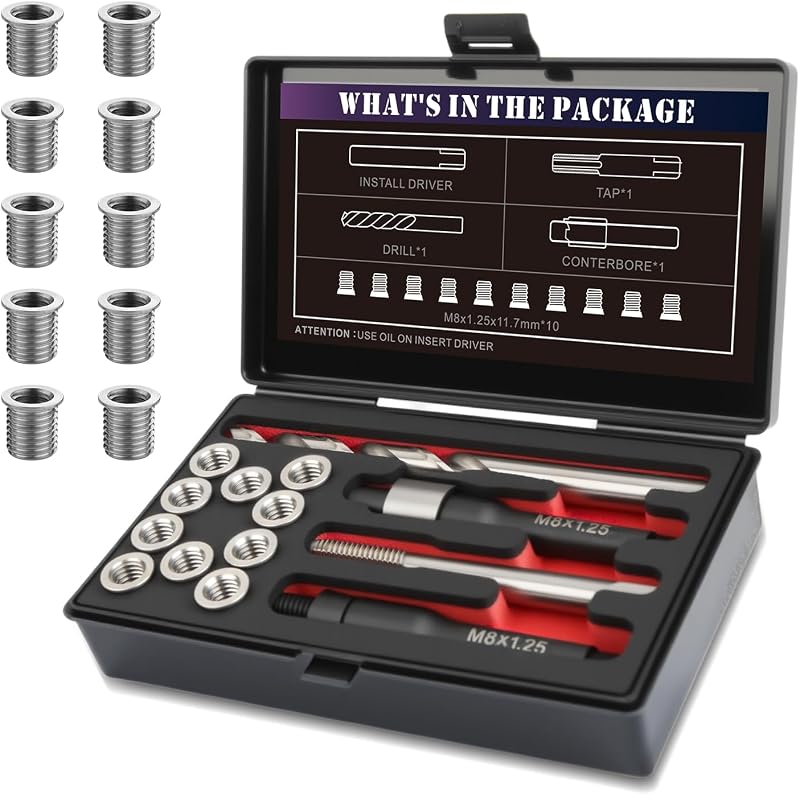 M8x1.25 Thread Repair Kit with 11.7mm Insert HSS Drill, Tap, Counterbore, Installation Driver,Stainless Steel Insert M8x1.25x11.7mmx10pcs