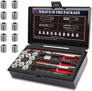 M8x1.25 Thread Repair Kit with 11.7mm Insert HSS Drill, Tap, Installation Driver,Stainless Steel Insert M8x1.25x11.7mmx10pcs