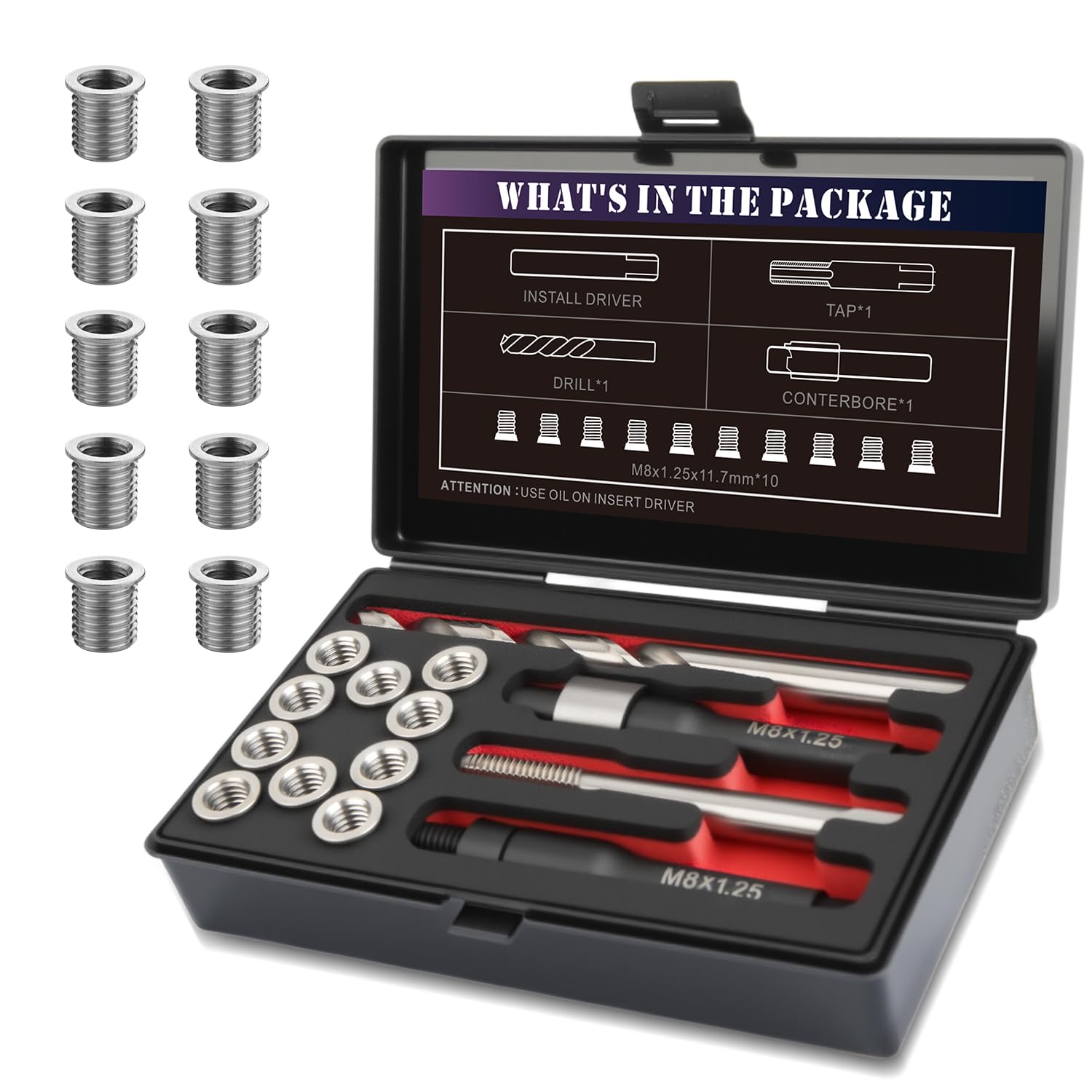 SENNMONN M8x1.25 Thread Repair Kit with 11.7mm Insert HSS Drill, Tap, Installation Driver,Stainless Steel Insert M8x1.25x11.7mmx10pcs