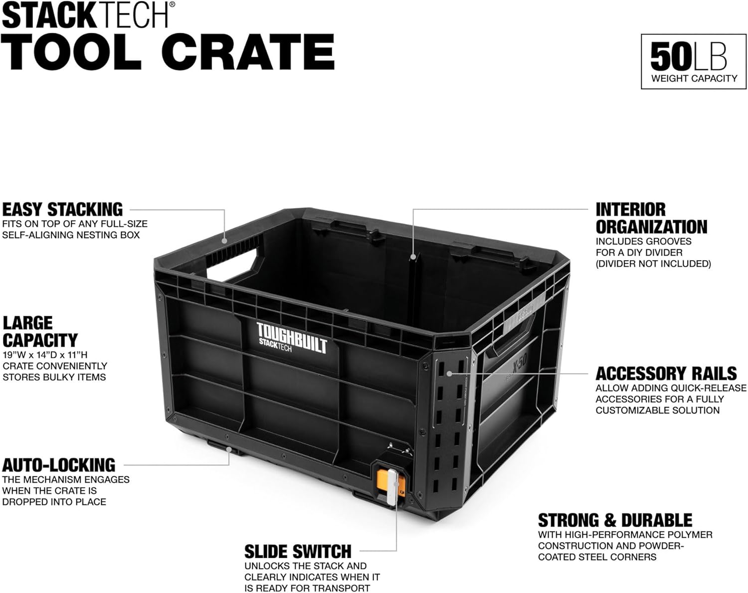 ToughBuilt StackTech Tool Crate with Auto-Locking Interface, Self-Aligning Base, Large Interior Capacity & DIY Divider Grooves for Jobsite Storage