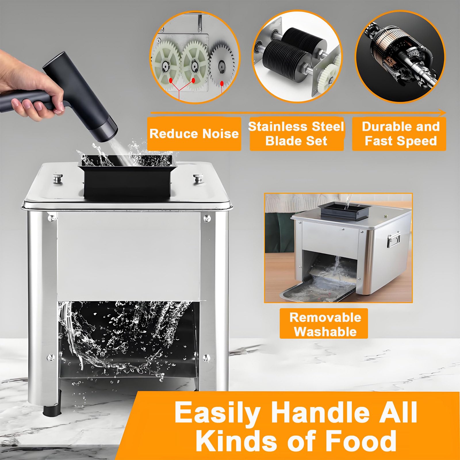 Affettatrice per Carne, trita e sminuzzatrice Professionale, affettatrice elettrica in Acciaio Inox da 850 W per Carne Fresca, trita e sminuzza, per fette, Strisce e cubetti. 7mm