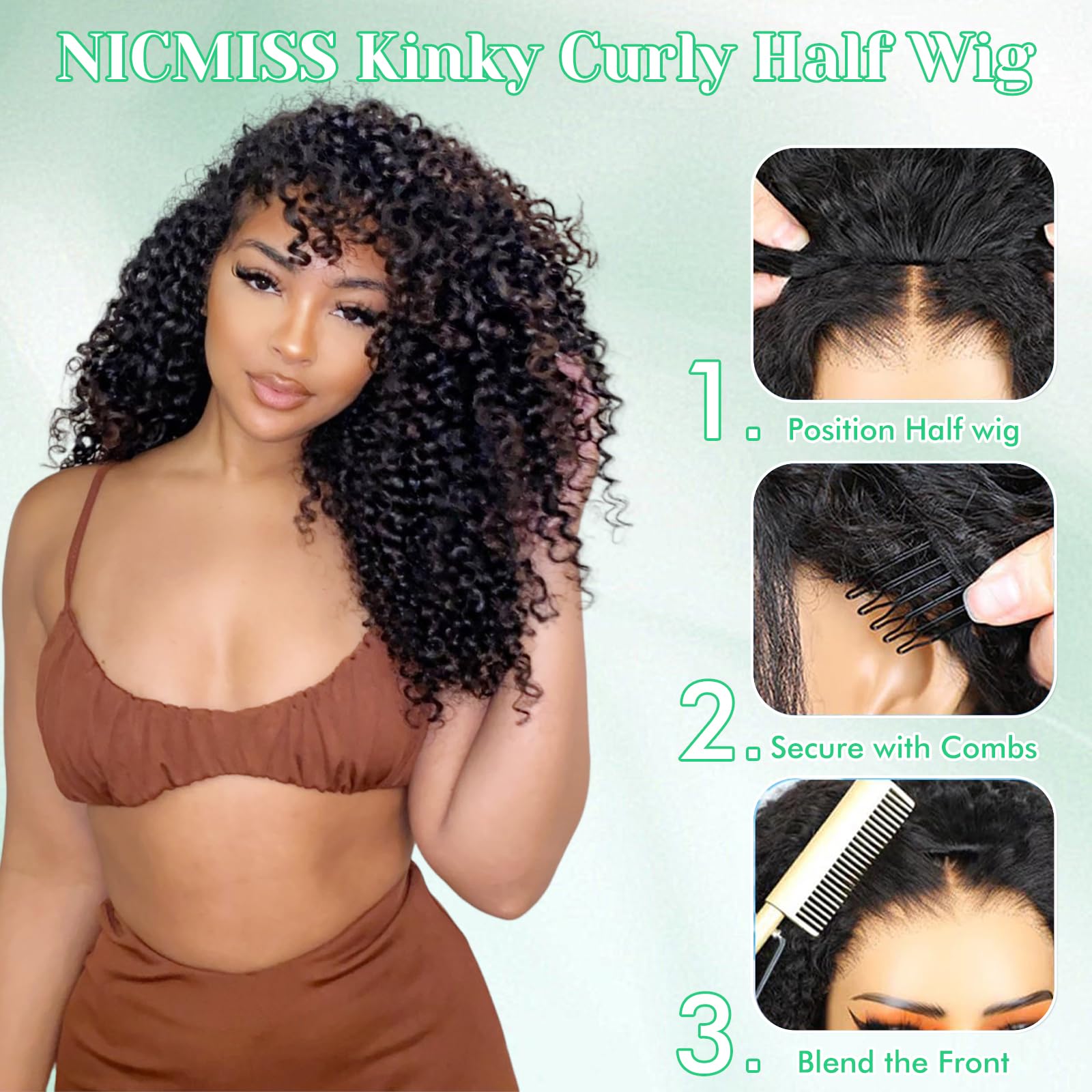 Kinky Curly Half Wig Human Hair 180% Density 3 In 1 Seamless Flip Over Half Wigs Human Hair Glueless Wear and Go Kinky Curly Wig with Drawstring Headband Wigs for Women Invisible Hairline 16 Inch