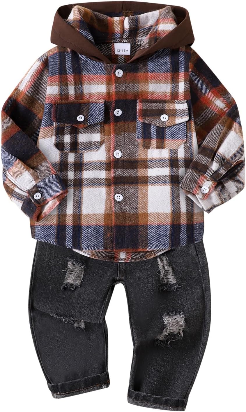 Toddler Baby Boy Fall Winter Clothes Long Sleeve Plaid Hooded Sweatshirt Ripped Holes Jeans Set 1-5 Years Old