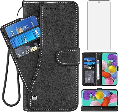 Asuwish Compatible with Samsung Galaxy A51 4G Wallet Case and Tempered Glass Screen Protector Flip Cover Card Holder Stand Cell Accessories Phone Cases for Glaxay A 51 Gaxaly M40S 51A A515F S51 Black