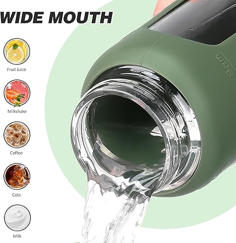 Miniatura 5 de Botella de agua de vidrio de 24 onzas con popote y 2 tapas, tapa de bambú y boquilla, botella de agua de vidrio de borosilicato con funda de