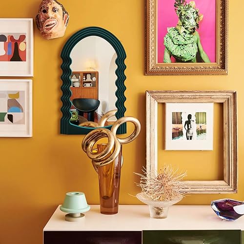 Miniatura 7 de Espejo de pared verde para entrada de pasillo, pequeños espejos decorativos arqueados irregulares para el hogar, oficina, sala de estar, escultura