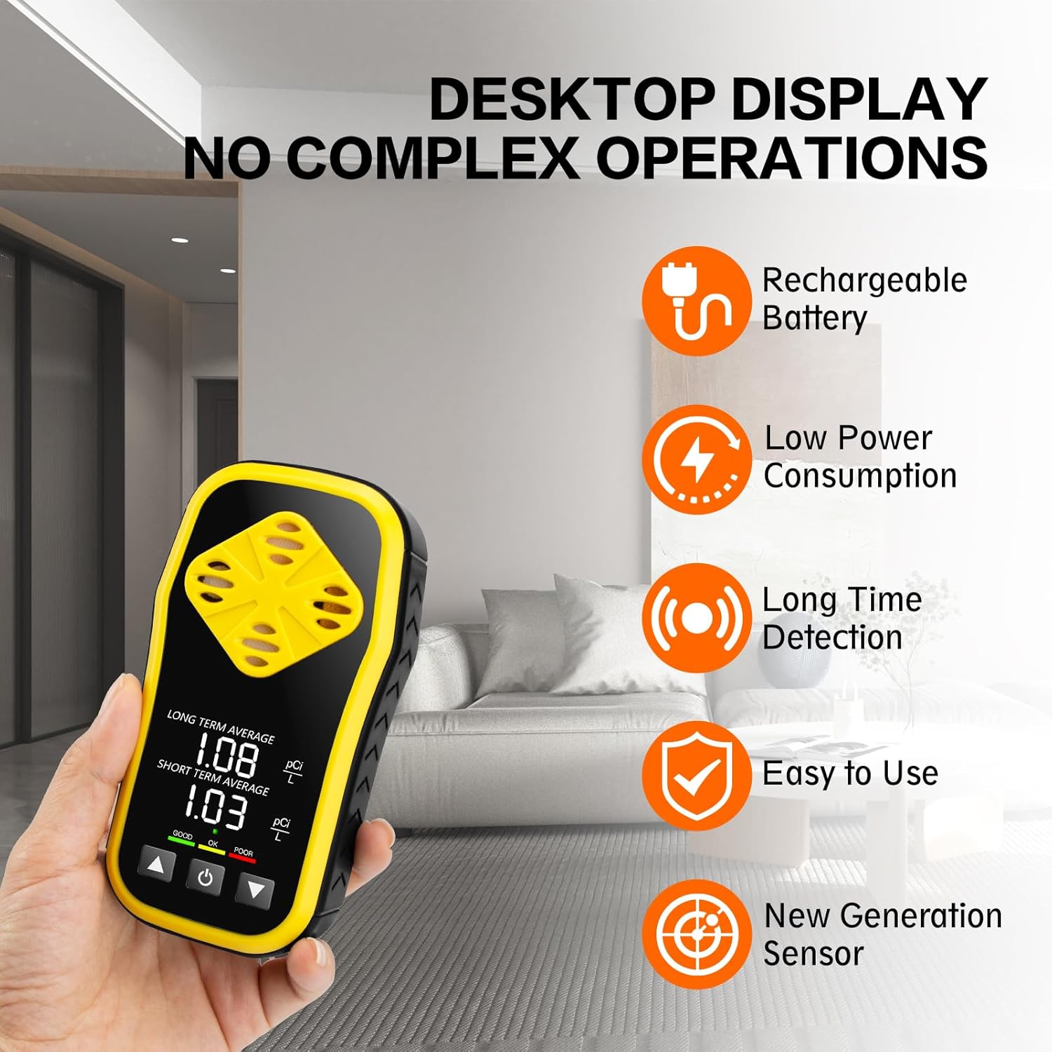 Digital Radon Detector - HD LCD Desktop Monitor with 10-Year Sensor, 2-3 Year Battery (6H Charge), Real-Time pCi/L Readings for Home & Office Safety