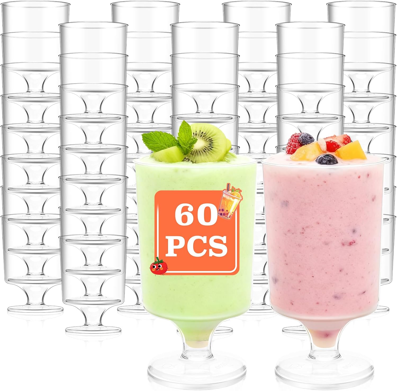 60 Pack Dessert Cups with Spoons, 3 Oz Mini Clear Goblet Dessert Cup, Plastic Wine Glasses, Disposable Parfait Cups, Appetizer Cup for Serving Pudding Desserts Mousse Tasting