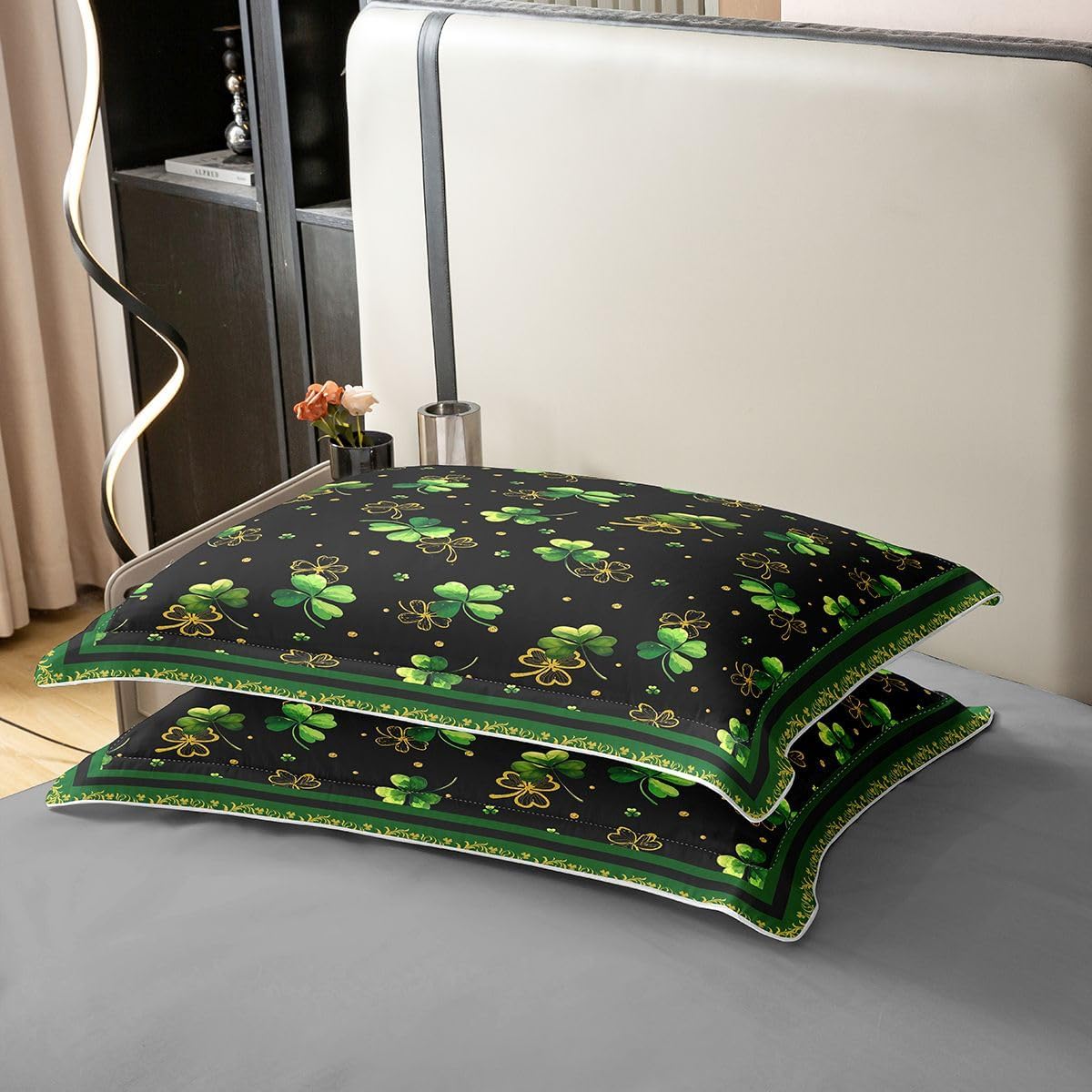 St. Patrick's Day Bedding Set King Size Cover 100% Cotton,Four-leaf Clover Geometric Dot Patchwork Room Decor,Leaves Western Exotic Duvet Cover Set，Black Green Quilt Cover,2 Pillowcases(No Filler)