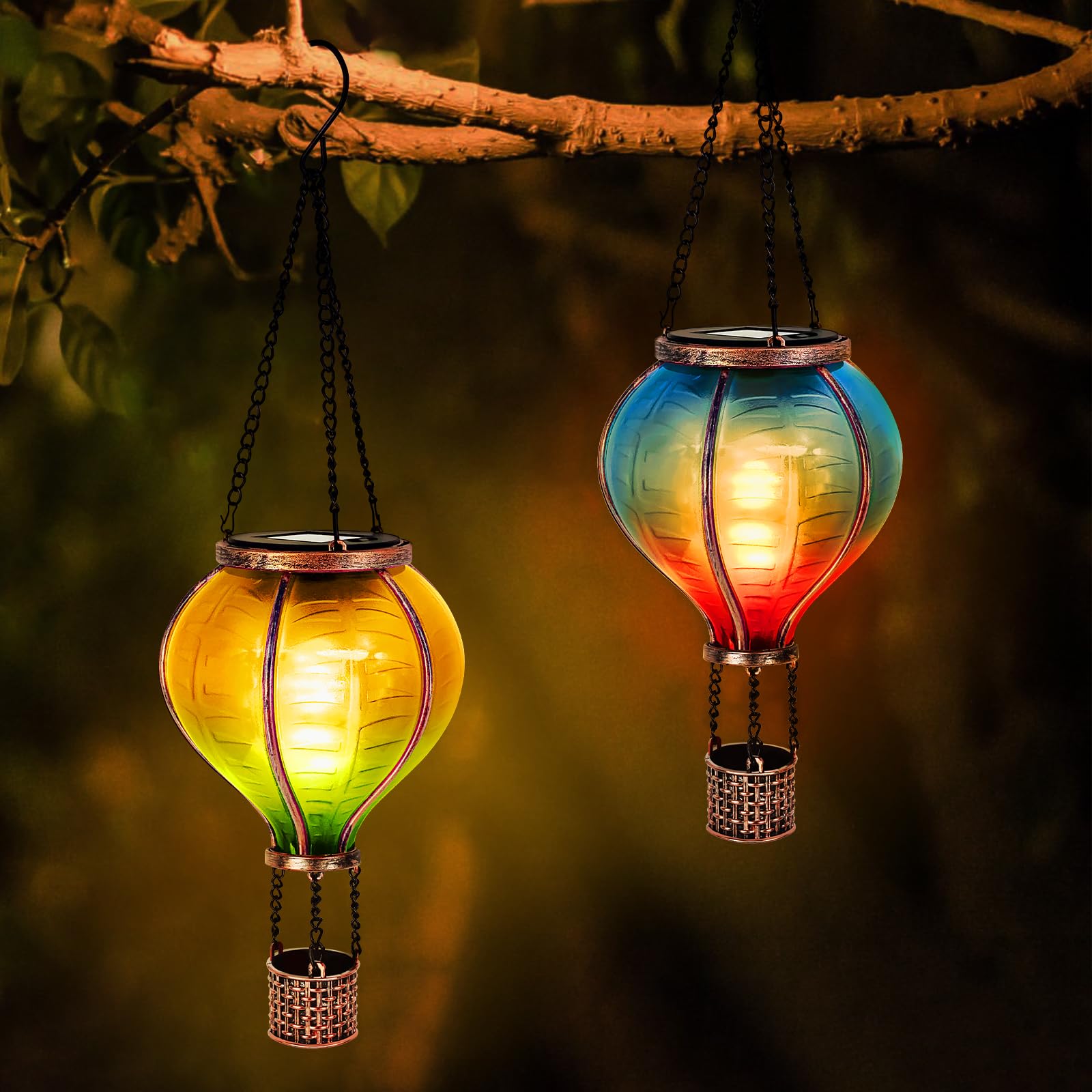 IEEILULU 2PCS Lanterne Solaire Exterieur, Montgolfière Lanterne Exterieur avec Effet de Flamme, Lumière Extérieure LED Étanche pour Terrasse Extérieure Balcon Chemin