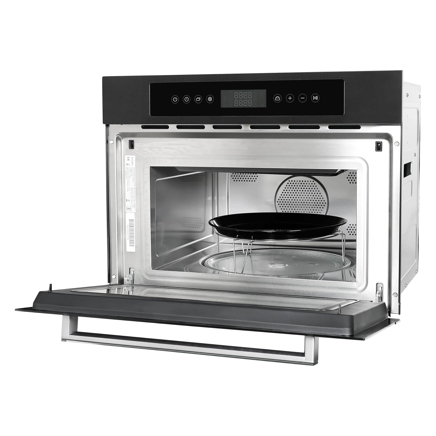 Angled view of Faber 38 L Convection Microwave Oven with door open and baking pan