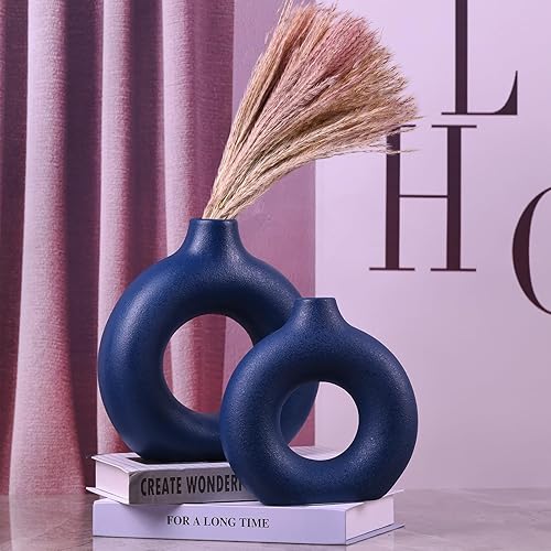 Miniatura 5 de Juego de 2 jarrones con forma de dona azul marino, jarrón circular hueco, moderno jarrón de cerámica mate para entrada, sala de estar, dormitorio,