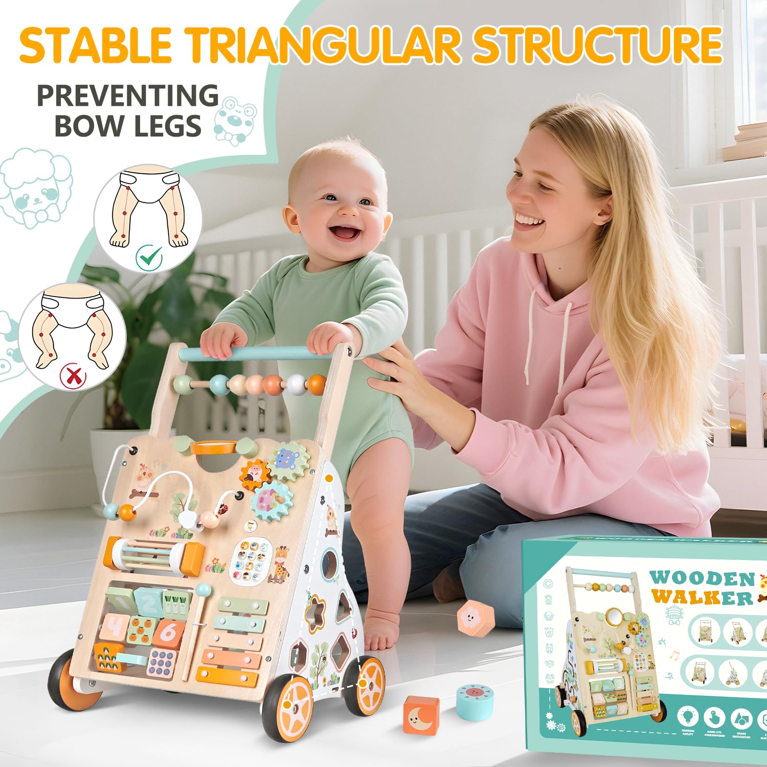 Andador de Madera para Bebé con Ruedas – Baby Juguete Montessori para Aprender a Caminar – Centro de Actividades para Niños y Niñas de 1 Año – Altura y Velocidad Ajustables – bebés 12+
