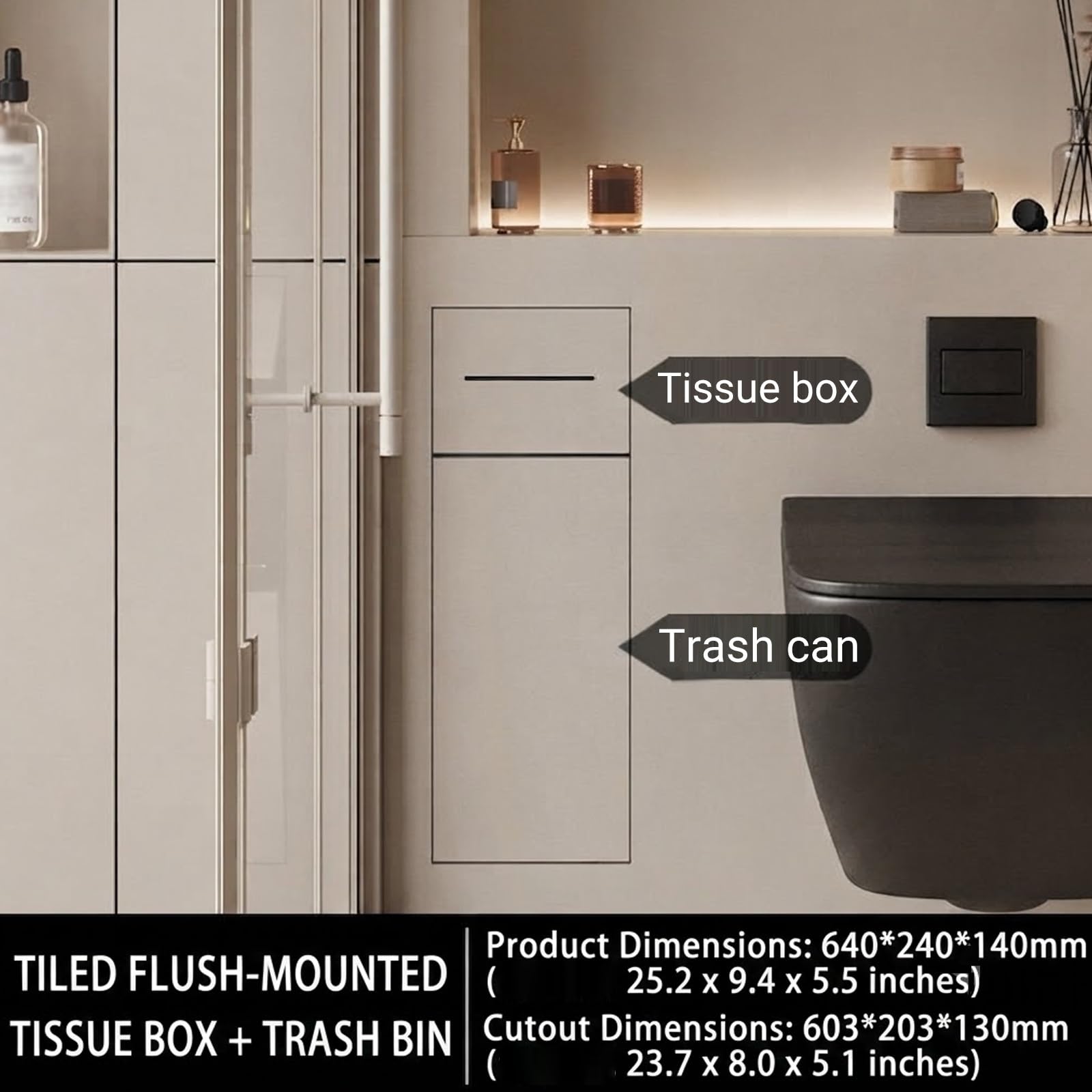 4-in-1 Unterputz-Toilettenpapierhalter mit Mülleimer und Klobürste – Badezimmer Wandnische aus Edelstahl mit Ablage, Integrierter Verdeckter Klorollenhalter(64x24x14cm/25.2x9.4x5.5)