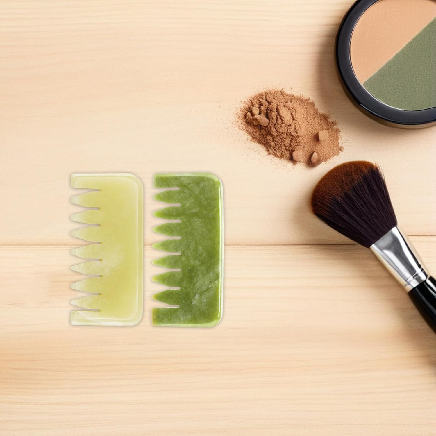 COLLBATH 4pcs Natural Jade Massage Combs Set – Yellow and Green Jade Guasha Scalp Scraping Brushes for Meridian Therapy, Handheld Head and Scalp Massagers for Stress Relief and Physical