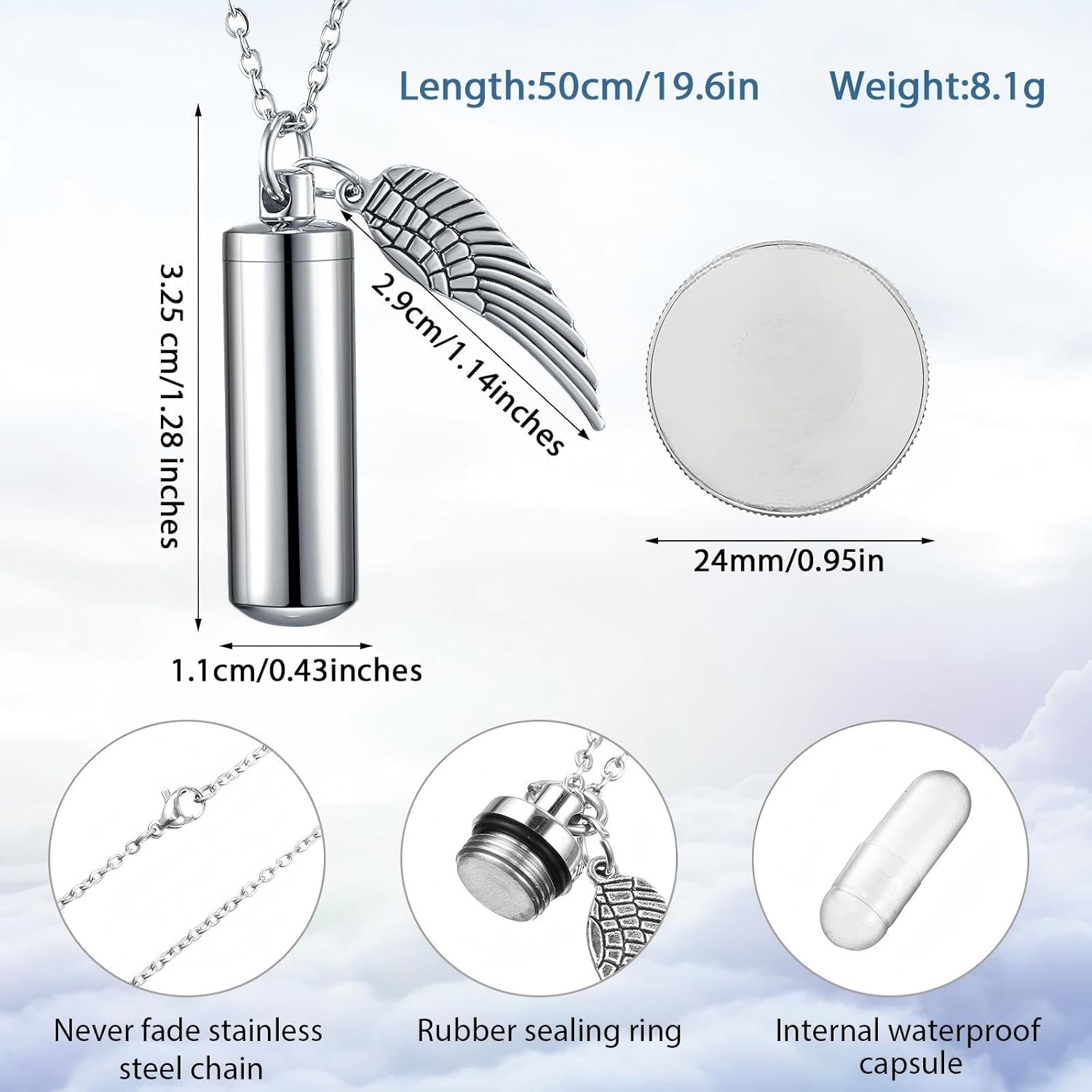 Kigeli 10 Pcs Urn Necklace for Ashes Cremation Jewelry for Human Ashes Bulk for Loved One Women Men with Wing Stainless Steel Cremation Keepsake Memorial Necklace Angel Cylinder Pendant Set - Image 2