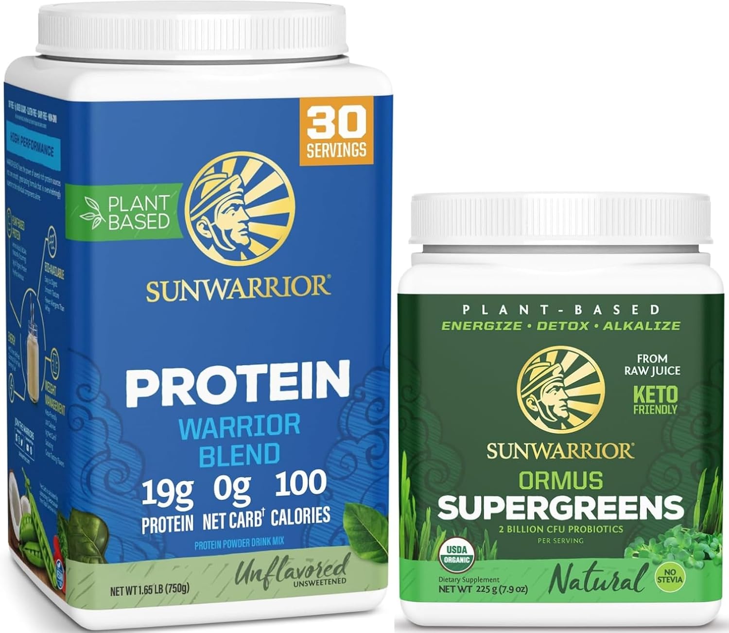 Sunwarrior Organic Greens Probiotic Powder & Plant Based Protein Powder Set | Bundle & Save | Ormus Supergreens Plus Vegan Organic Warrior Blend (30 Servings Protein, 45 Servings Greens)