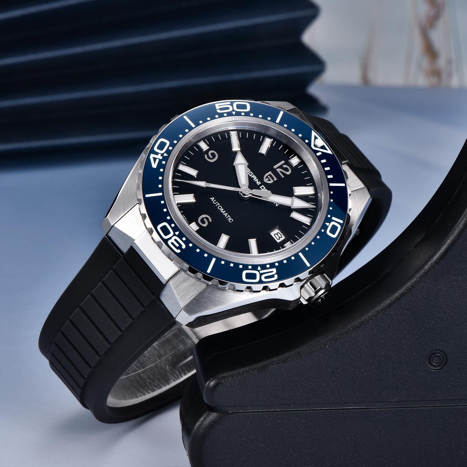 Pagani Design Herren Automatikuhr, Miyota 8215 Japanisches Uhrwerk, 42mm Edelstahlgehäuse, Keramiklünette, 100m Wasserdicht, Leuchtend, Edelstahlarmband