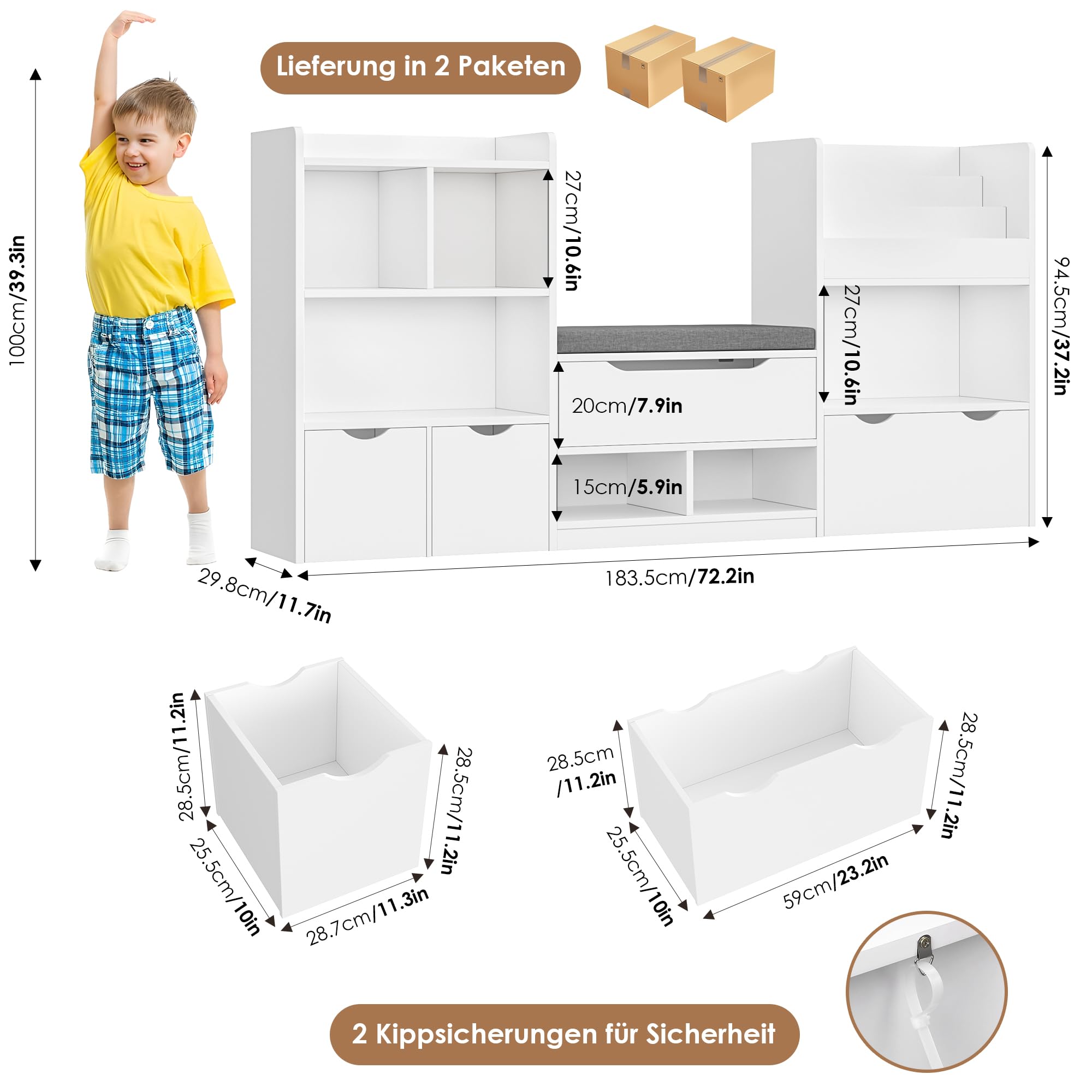 FOREHILL 183cm Breit Kinderregal mit Sitzbank, Kinderzimmer Möbel mit 3 Aufbewahrungsboxen für Spielzeug Bücherregal für Kinder mit 3 Ebenen, Regal für Kinderzimmer Leseecke 183,5x94,5x29,8 cm Weiß