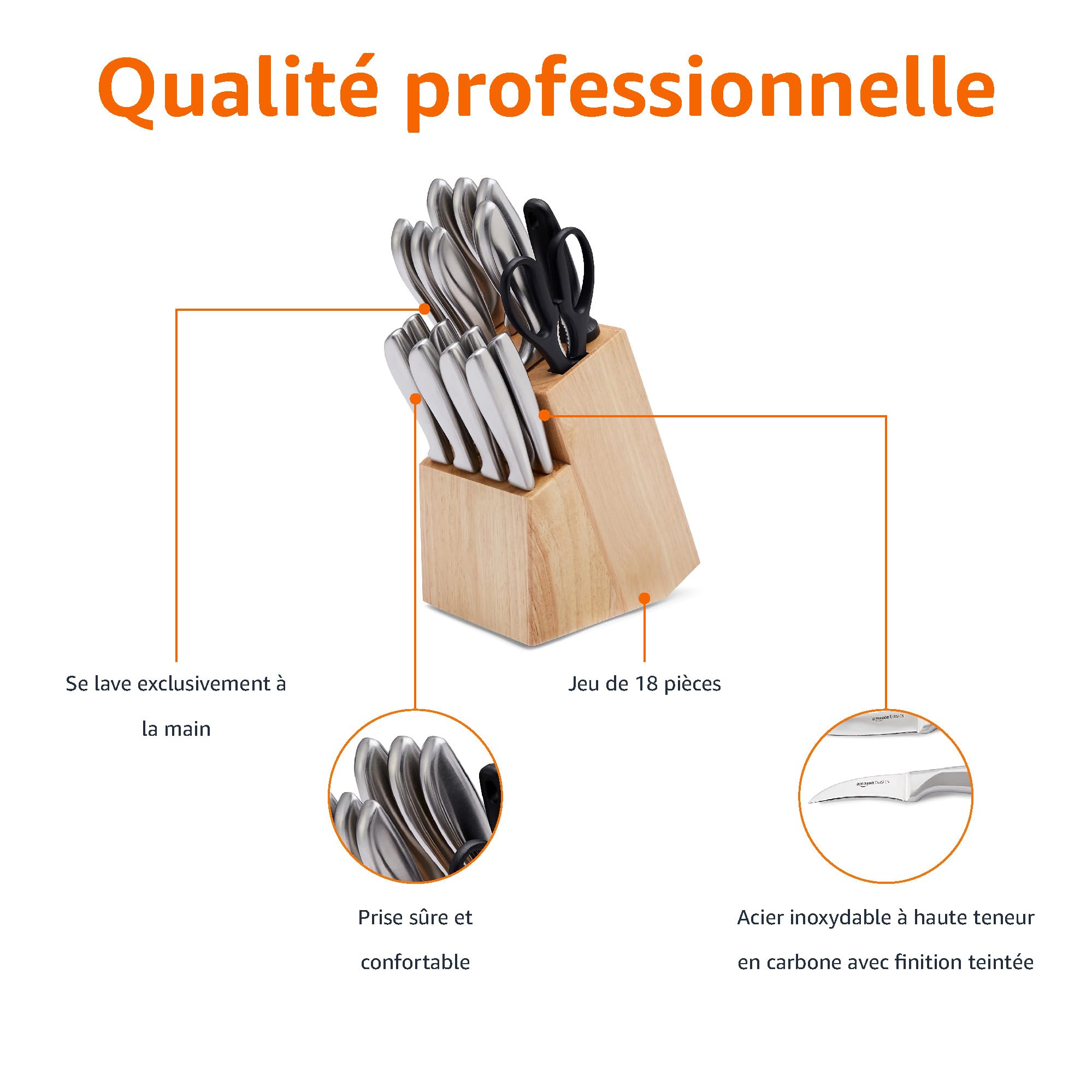 Amazon Basics Ensemble de couteaux 18 pièces à poignée confortable en acier inoxydable avec bloc de rangement