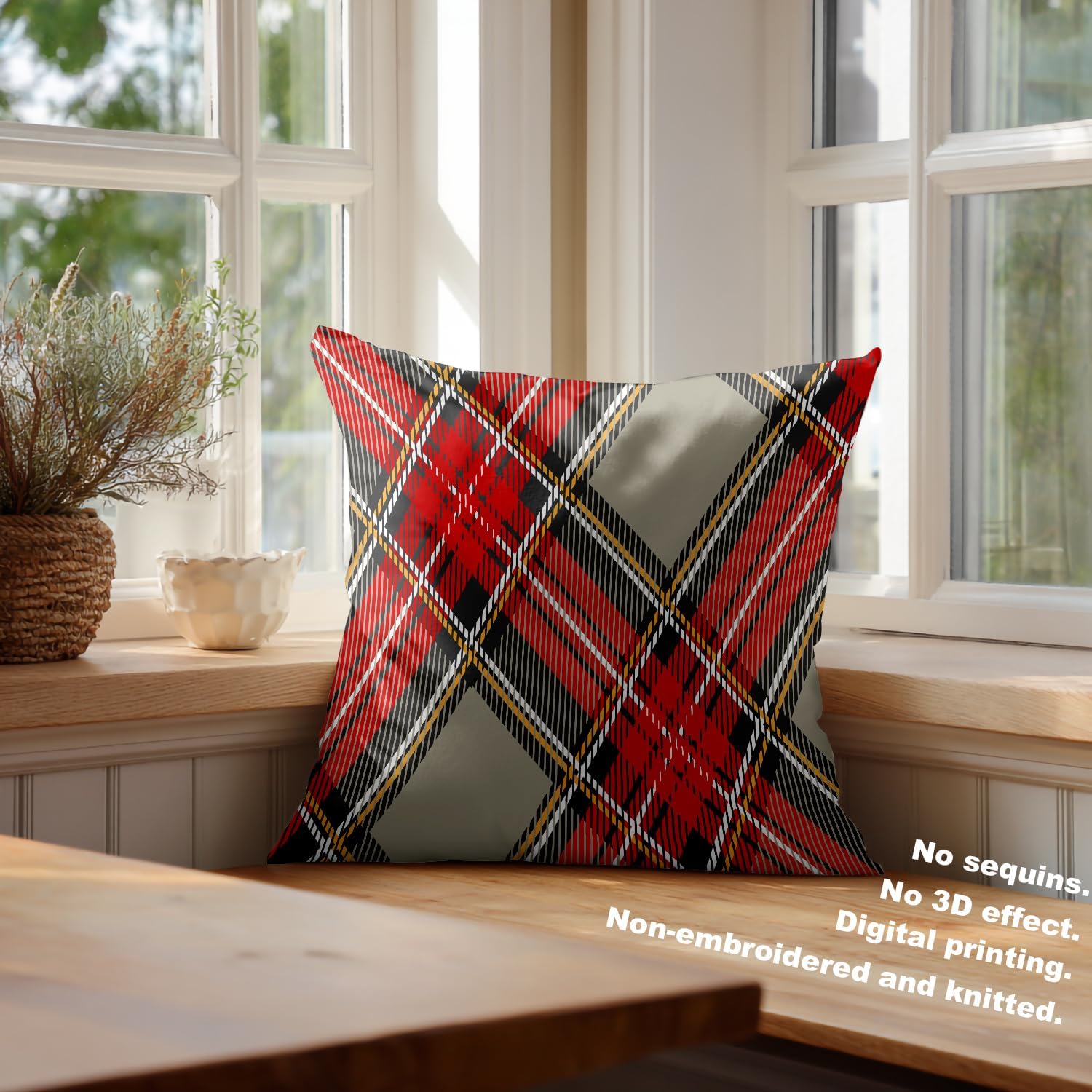 Batmerry Modern Plaid Throw Pillow Covers,Red Black Gray Rhombus Scottish Tartan Decorative Pillow Covers Digital Printing Blended Fabric for Couch Sofa Bed Invisible Zipper 22X22 in