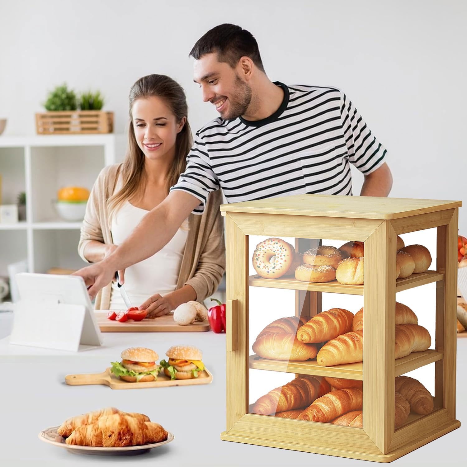 Bread Box,Pastry Display Case,Bread Holder for Kitchen Counter, Wooden Large Capacity Bread Storage Bin Breadbox Organizer for Kitchen Counter Corner（Raw wood）