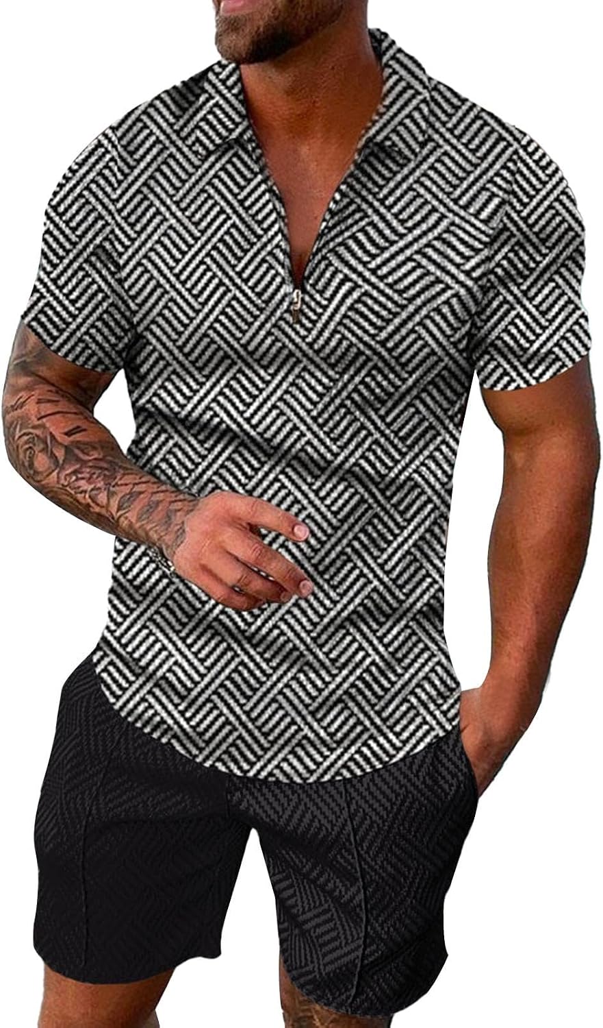 Men'S 2 Pieces Outfits 1/4 Zip Short Sleeve Golf Polo T Shirt And Shorts Set Striped Print Casual Summer Plus Size Beach Suit