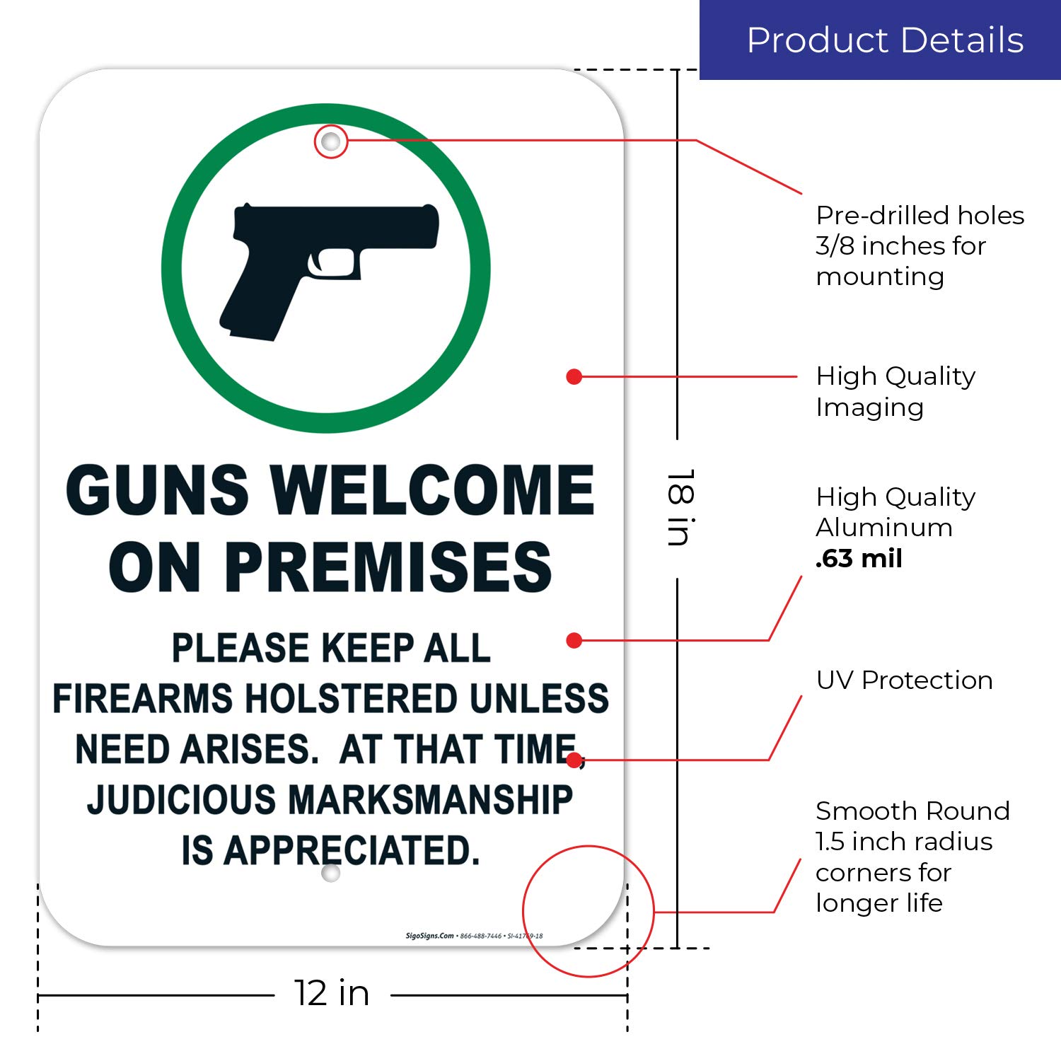 Guns Welcome On Premises Sign, 12x18 Inches, Rust Free .063 Aluminum, Fade Resistant, Made in USA