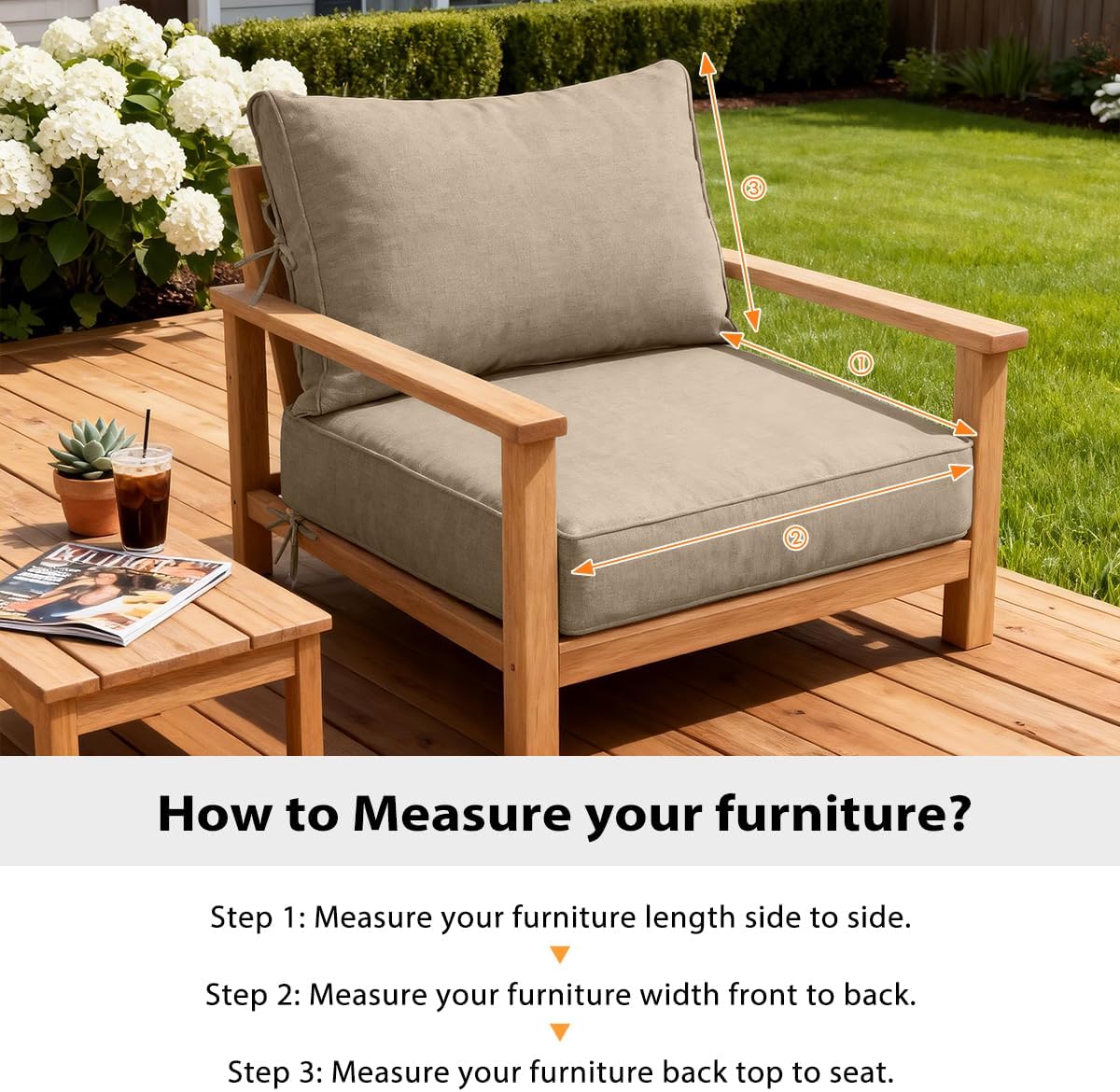 Sundale Outdoor Olefin Deep Seat Cushion, Patio Chair Cushion and Pillow, Water-Resistant Sectional Sofa Pad with Straps Khaki, 25.5 x 25.5 x 6 Inches