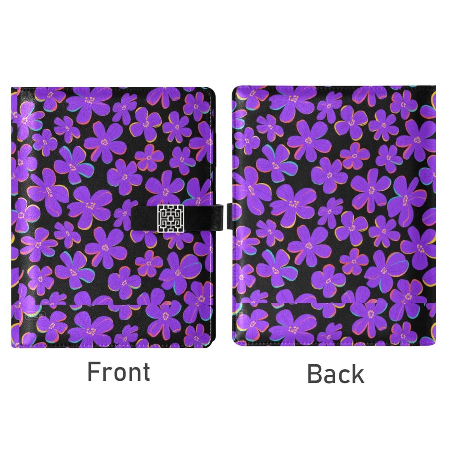 decor gift Leather lined spiral notebooks Purple Flowers Black Colored Pencil Art for journal portable 6.7×9.2 Inches ，Lined Paper 100 Pages