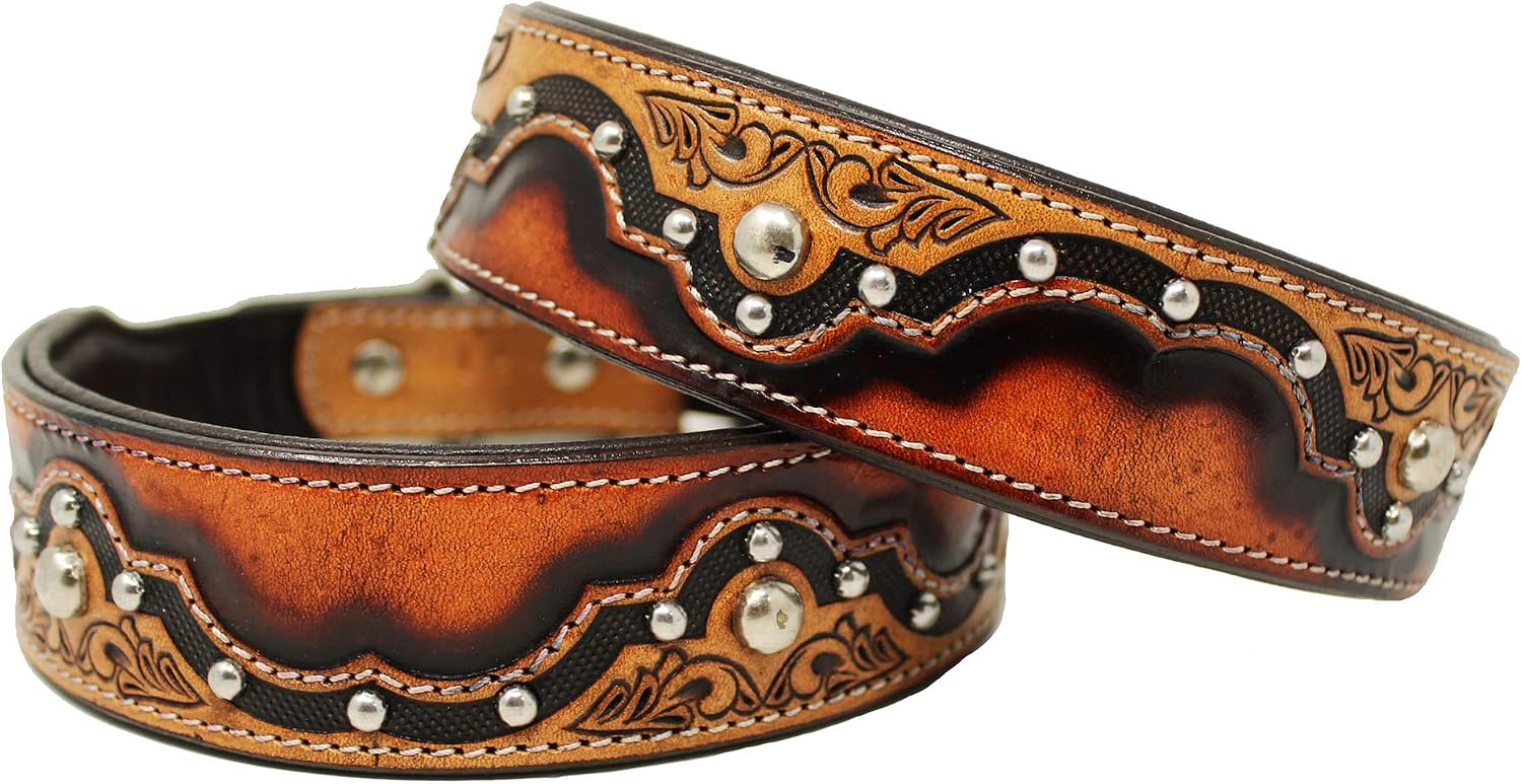 Small 13''- 17'' Padded Leather Dog Collar Heavy Duty Hand Tooled Studded 60FK01