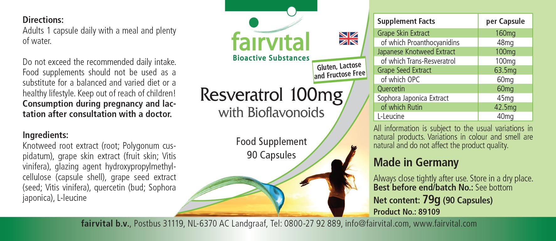 fairvital Resvératrol 100mg en gélules avec bioflavonoïdes, 90 gélules, VÉGÉTALIEN, avec rutine, OPC et quercétine