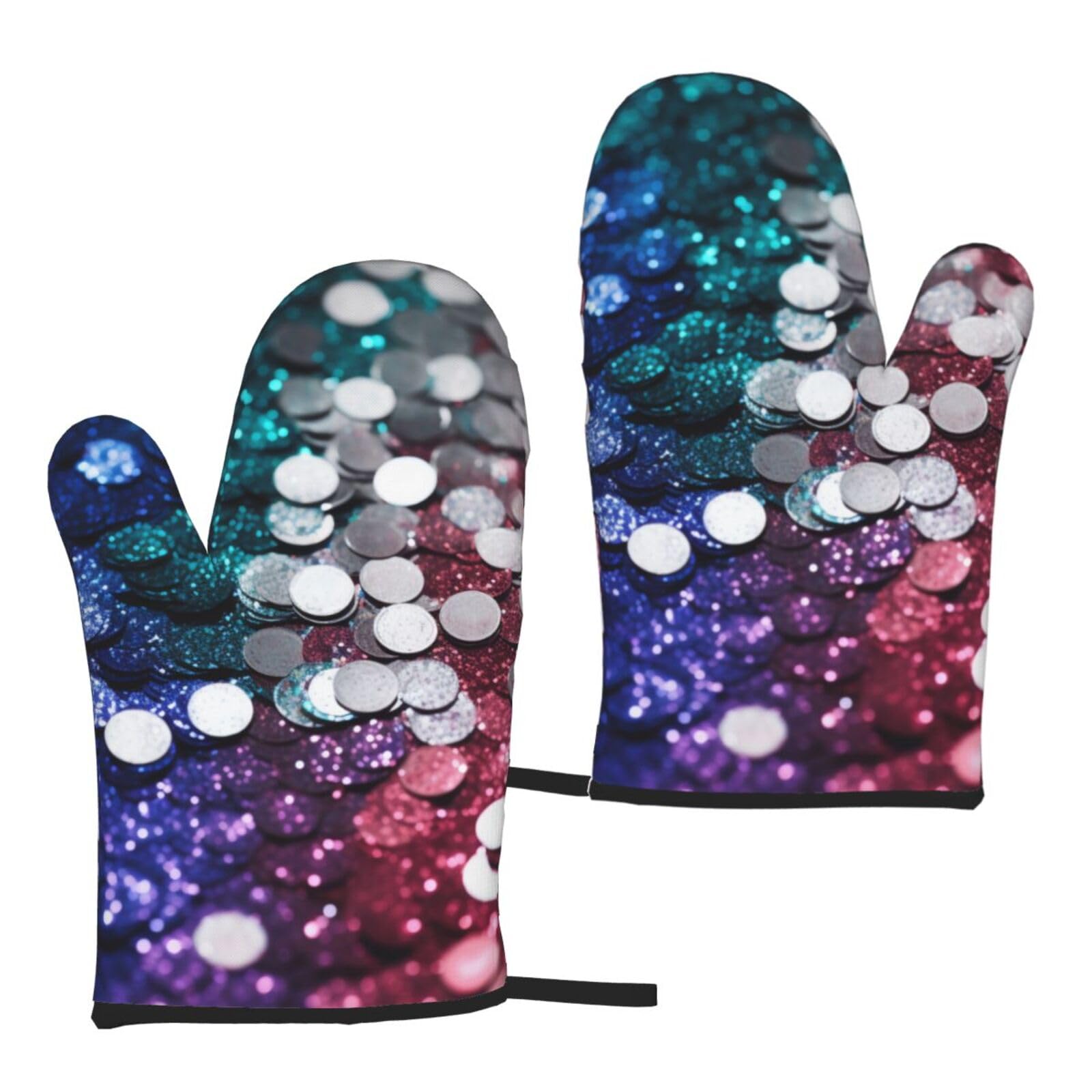 Glitter Sequin Spot Printed Oven Mitts Sets 2 PCS Heat Resistant and Non-Slip Glove Potholder for Kitchen Cooking Baking Grilling