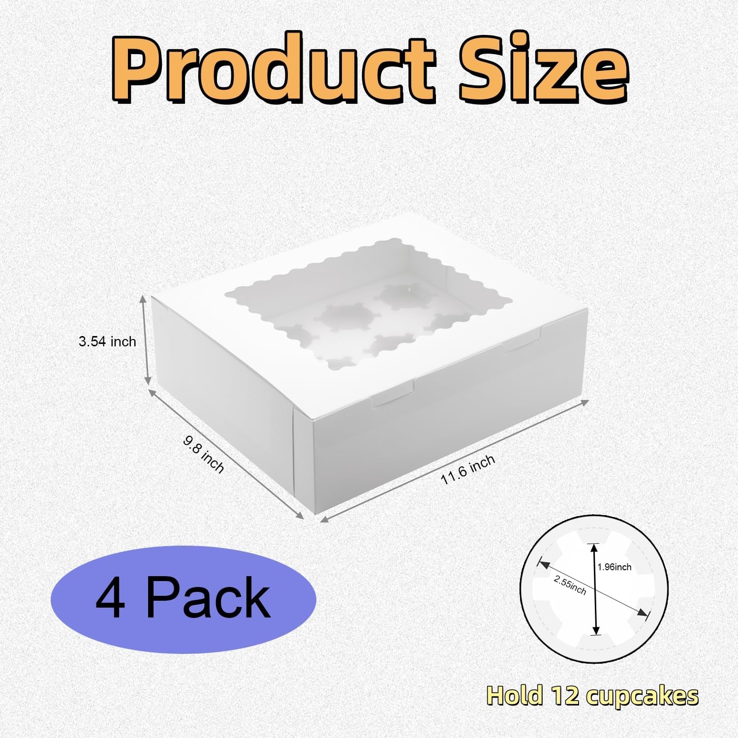 4 Pack Cupcake Boxes, Hold 12 Count Cupcake Containers with Window, High Grade Cupcake Holder, Easy Transport and Presentation, for Birthday Holiday Party, Desserts and More (White - 4 Pack)