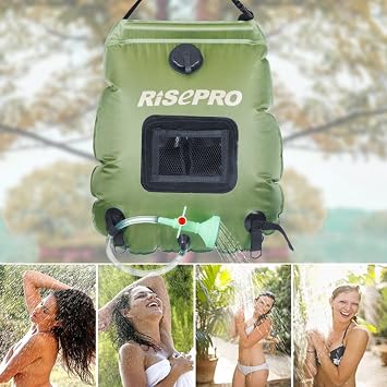 Solar Shower Bag, RISEPRO 5 gallons/20L Solar Heating Premium Camping Shower Bag Hot Water with Temperature 45C Removable Hose on/Off Switchable Shower Head Hiking Climbing Summer Shower K8