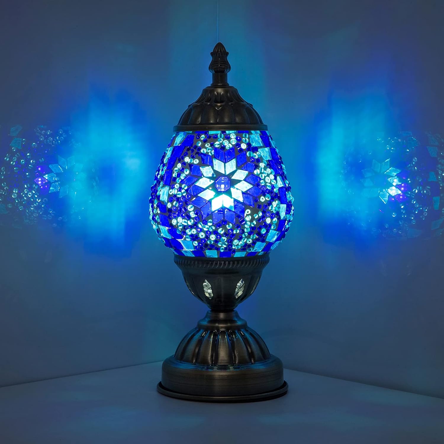 Turkish Morocco Table Lamp Handmade Egg Mosaic Glass Lampshade Home Decor Desk Bedside Lamp Tiffany Night Light for Living Room Bedroom (Blue)