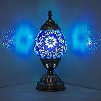 Handmade Turkish Moroccan Mosaic Table Lamp - Blue Egg Glass Lampshade, Tiffany Style Night Light for Bedroom Living Room Desk