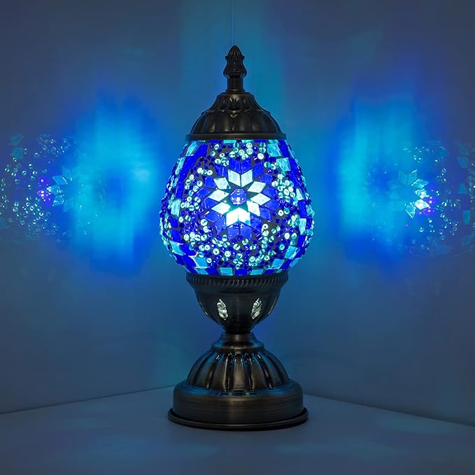 Preolivial Turkish Morocco Table Lamp Handmade Egg Mosaic Glass Lampshade Home Decor Desk Bedside Lamp Tiffany Night Light for Living Room Bedroom (Blue)